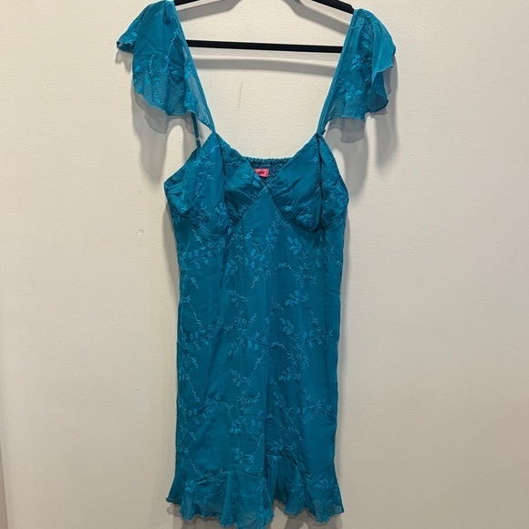 Betsey Johnson Dresses & Skirts - Betsey Johnson Y2K fairy turquoise embroidered slip babydoll dress XL nwt